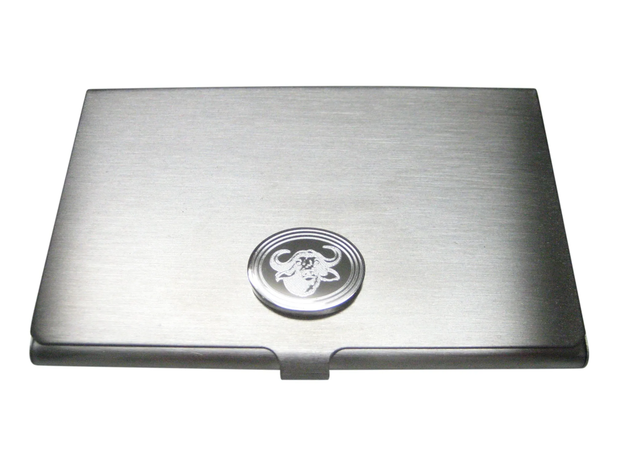 Silver Toned Etched Oval African Buffalo Head Business Card Holder
