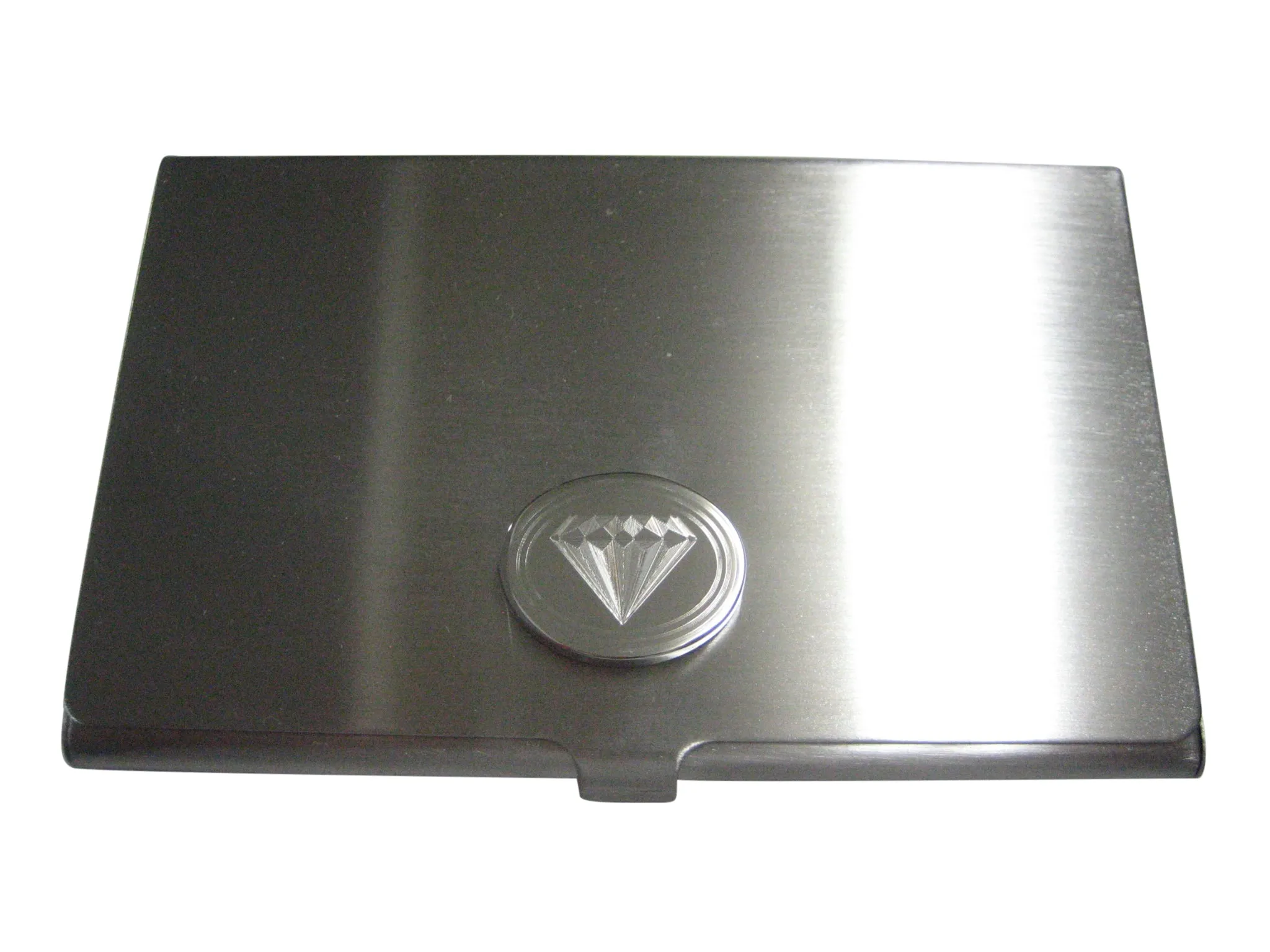 Silver Toned Etched Oval Diamond Image Business Card Holder