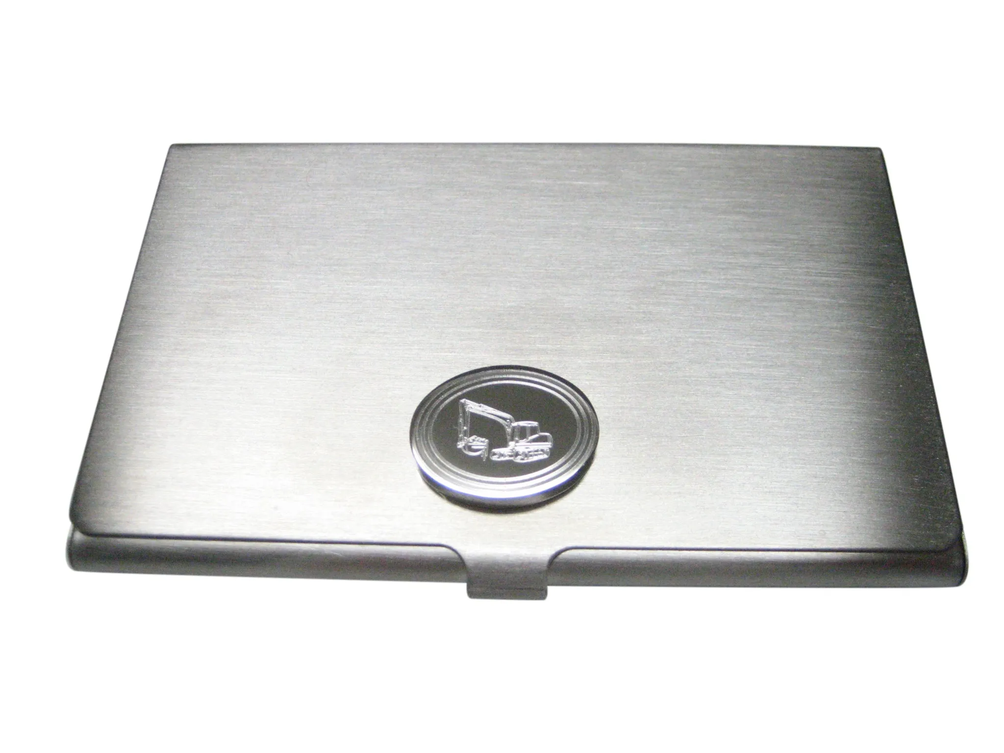 Silver Toned Etched Oval Excavator Business Card Holder