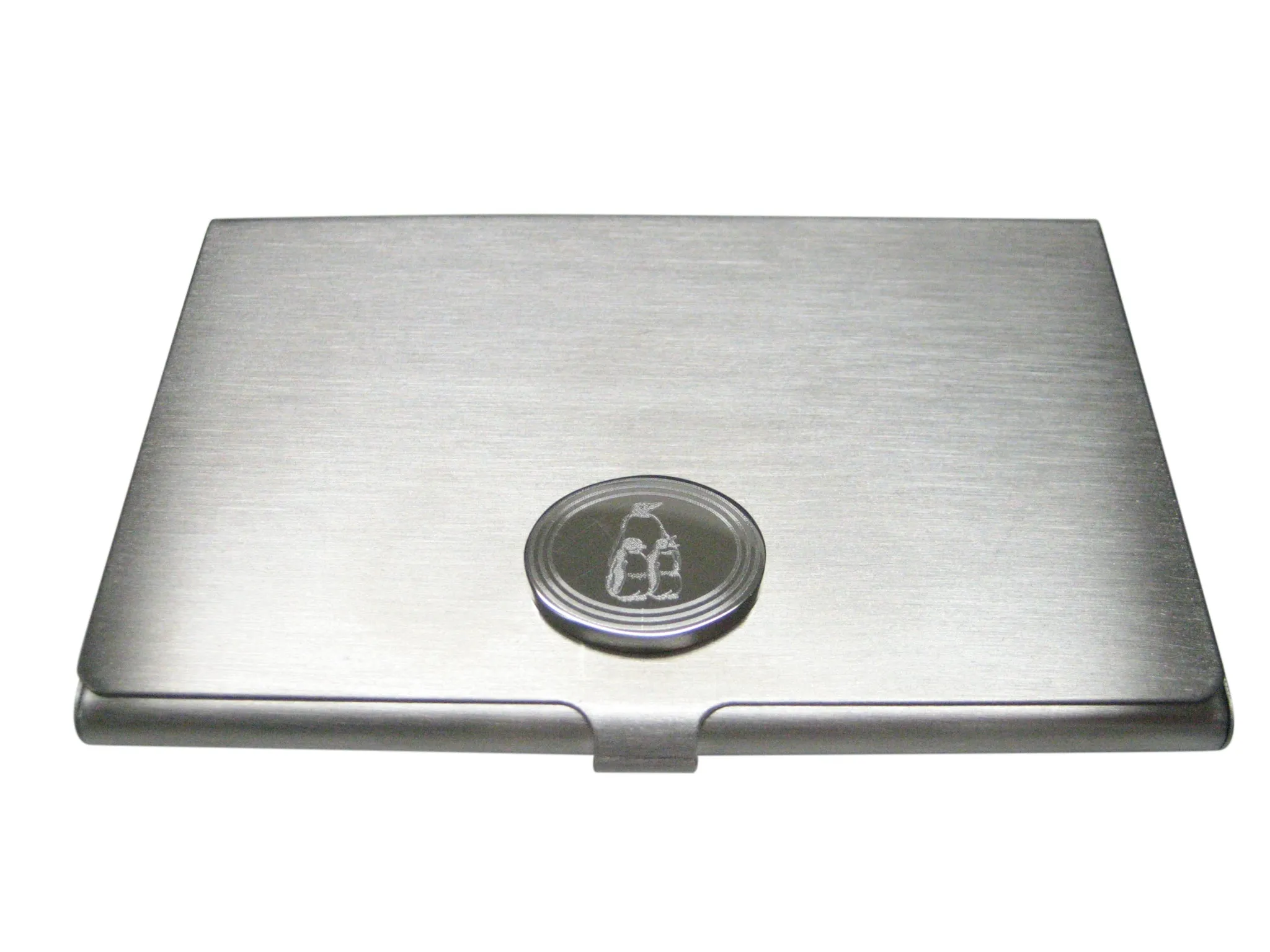 Silver Toned Etched Oval Family of Penguin Birds Business Card Holder