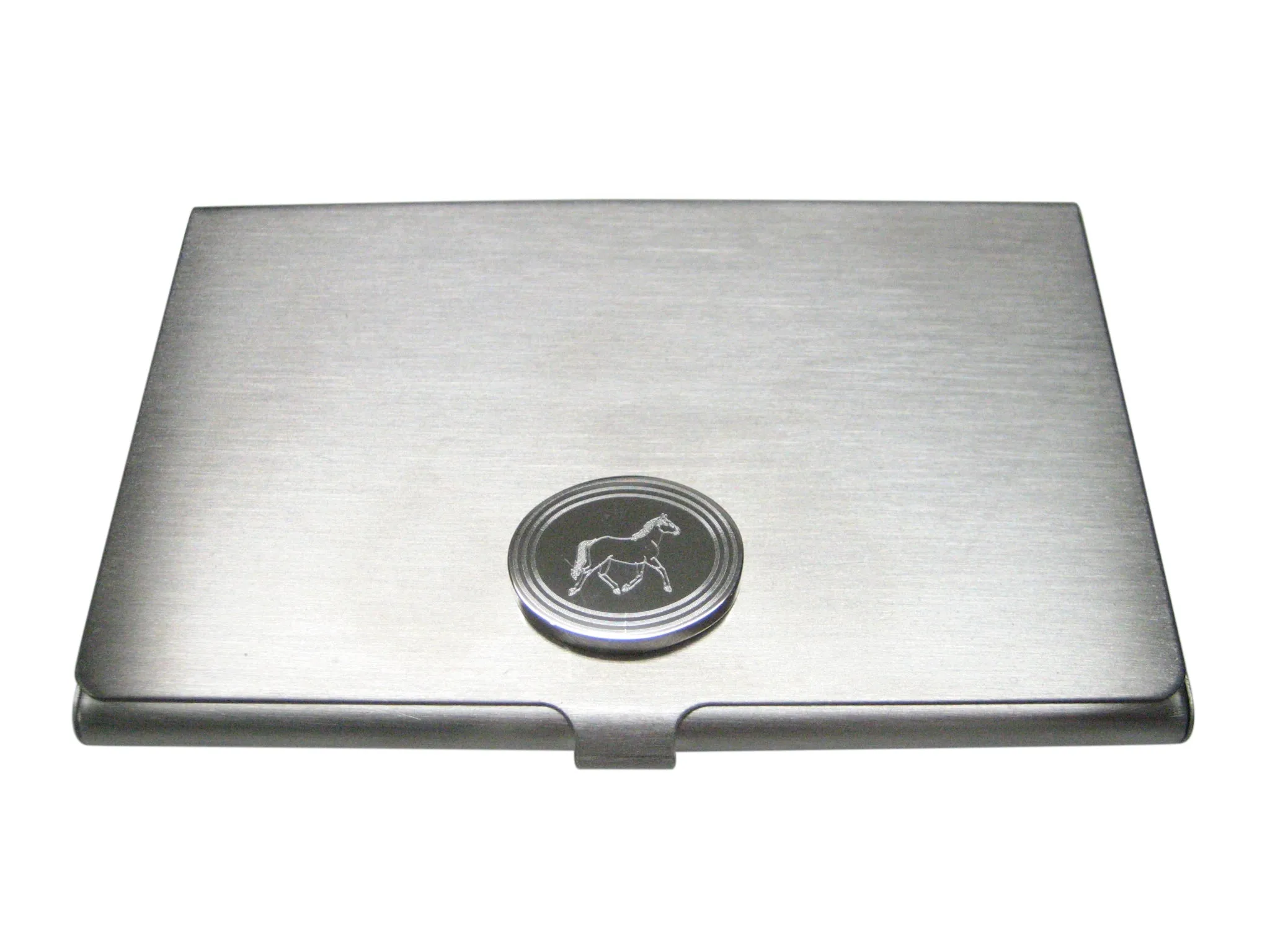 Silver Toned Etched Oval Full Horse Business Card Holder