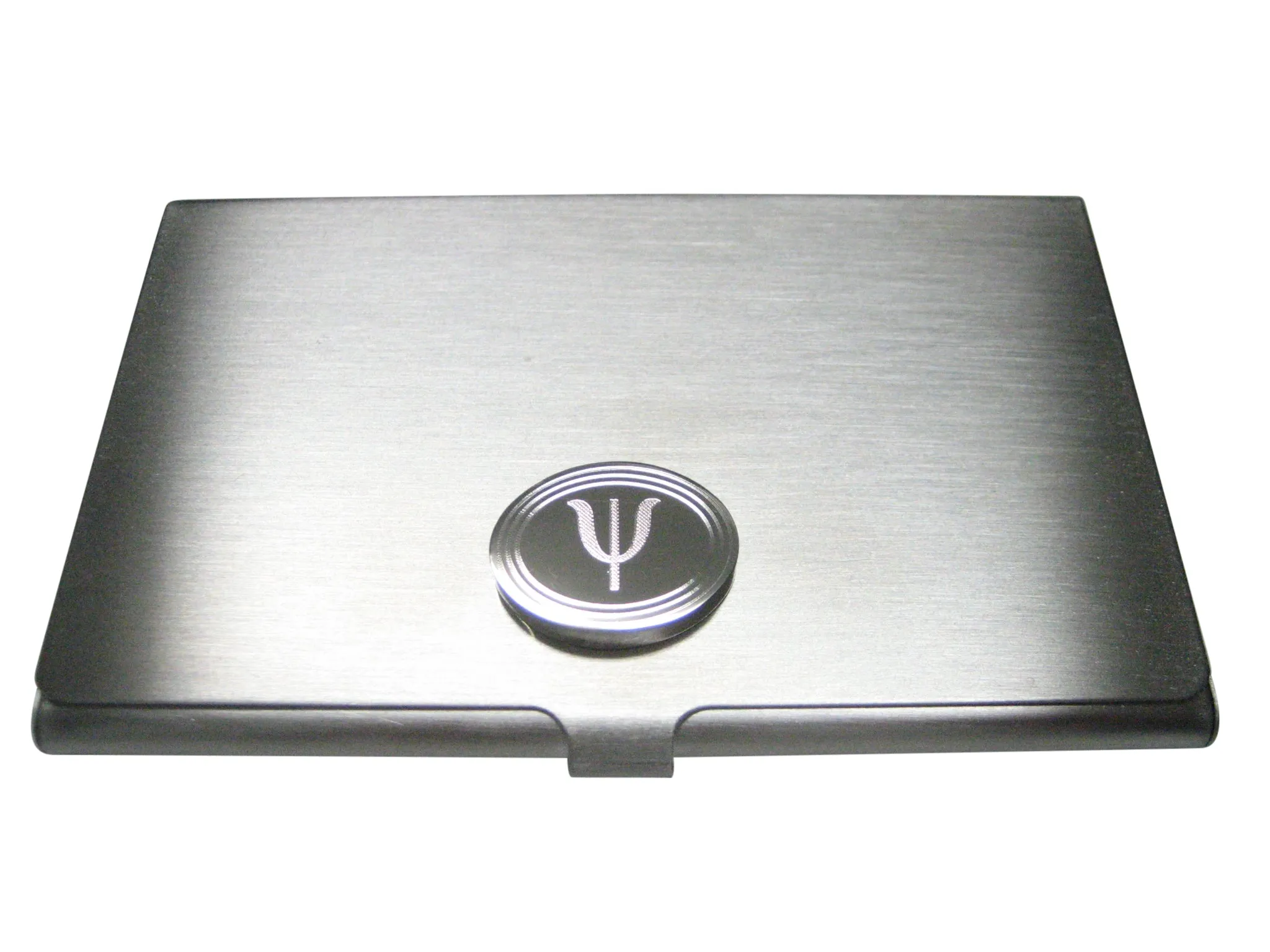 Silver Toned Etched Oval Greek Letter Psi Pendant Business Card Holder