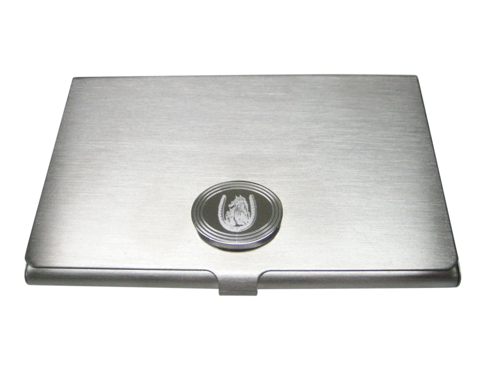 Silver Toned Etched Oval Maned Horse and Horse Shoe Business Card Holder