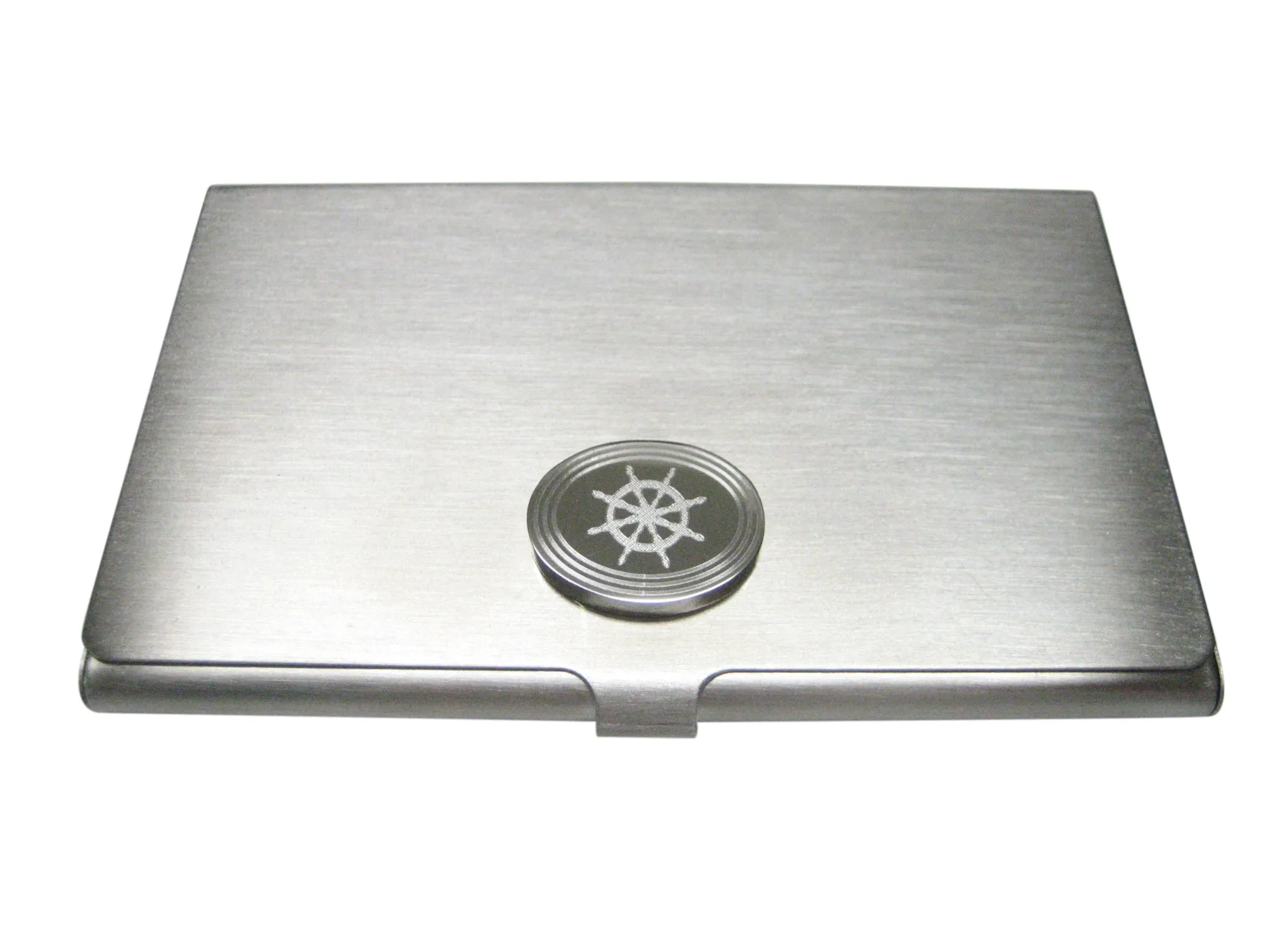 Silver Toned Etched Oval Nautical Helm Business Card Holder