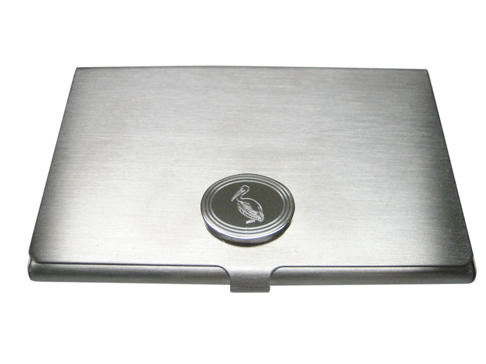 Silver Toned Etched Oval Pelican Bird Business Card Holder