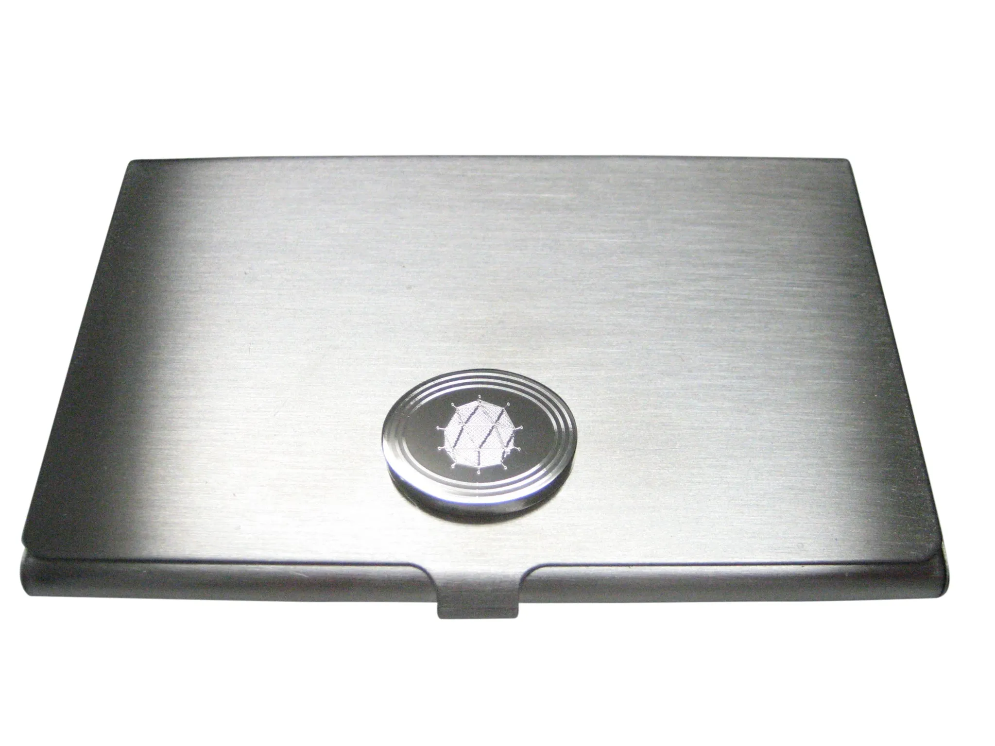 Silver Toned Etched Oval Polyhedral Virus Business Card Holder