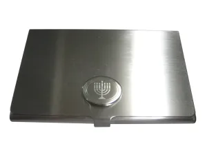 Silver Toned Etched Oval Religious Menorah Business Card Holder
