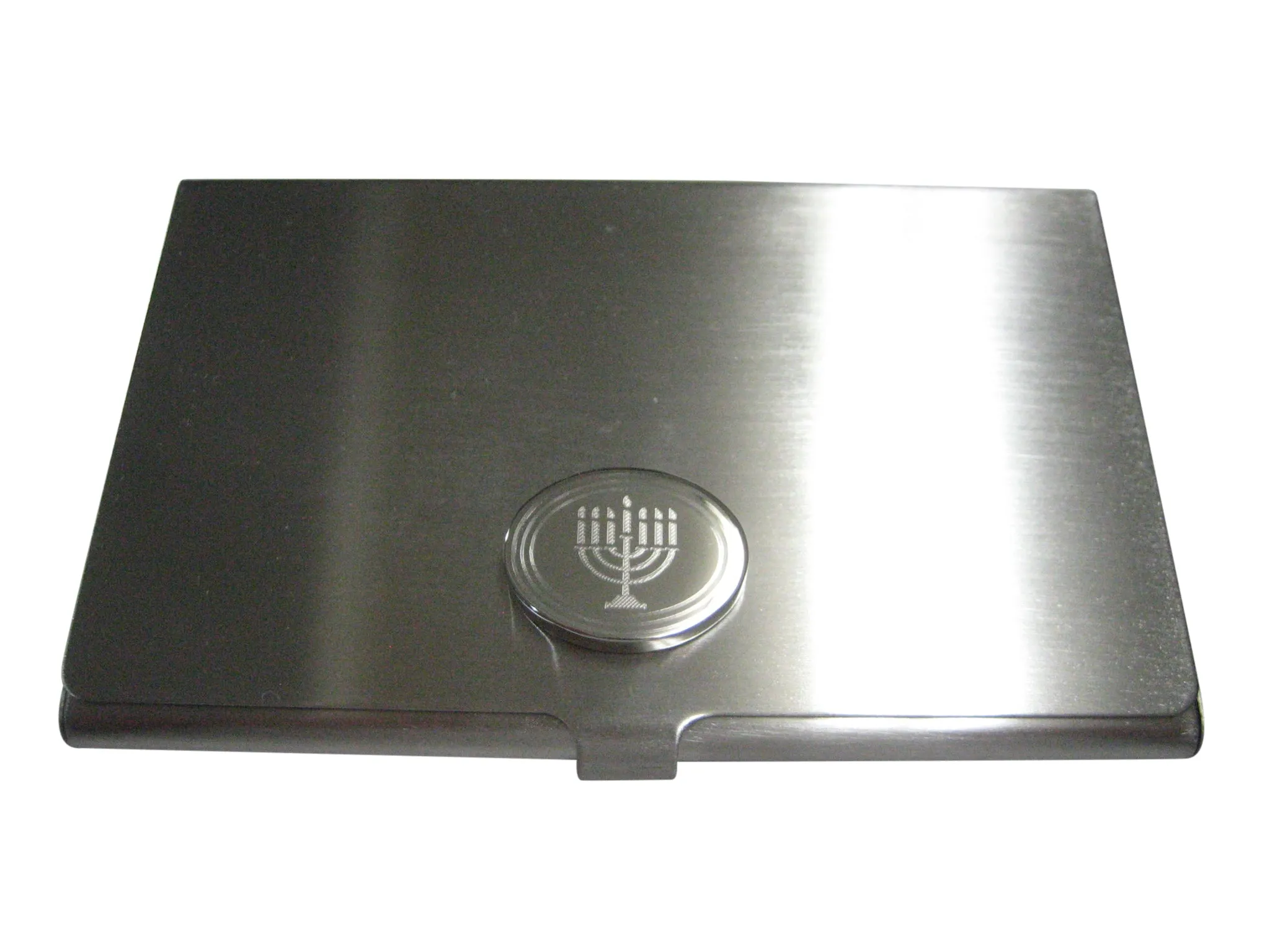 Silver Toned Etched Oval Religious Menorah Business Card Holder