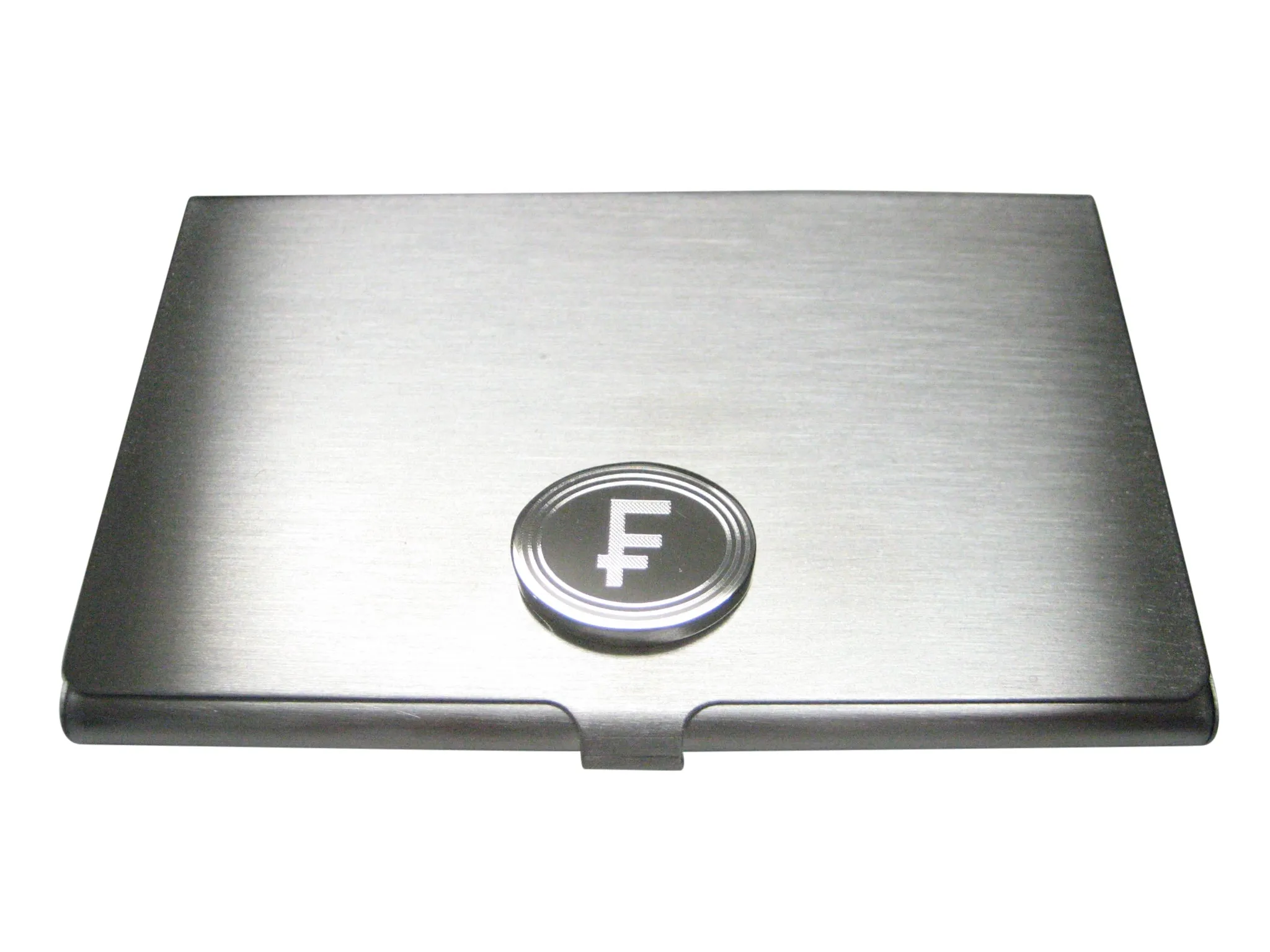 Silver Toned Etched Oval Swiss Franc Currency Sign Business Card Holder