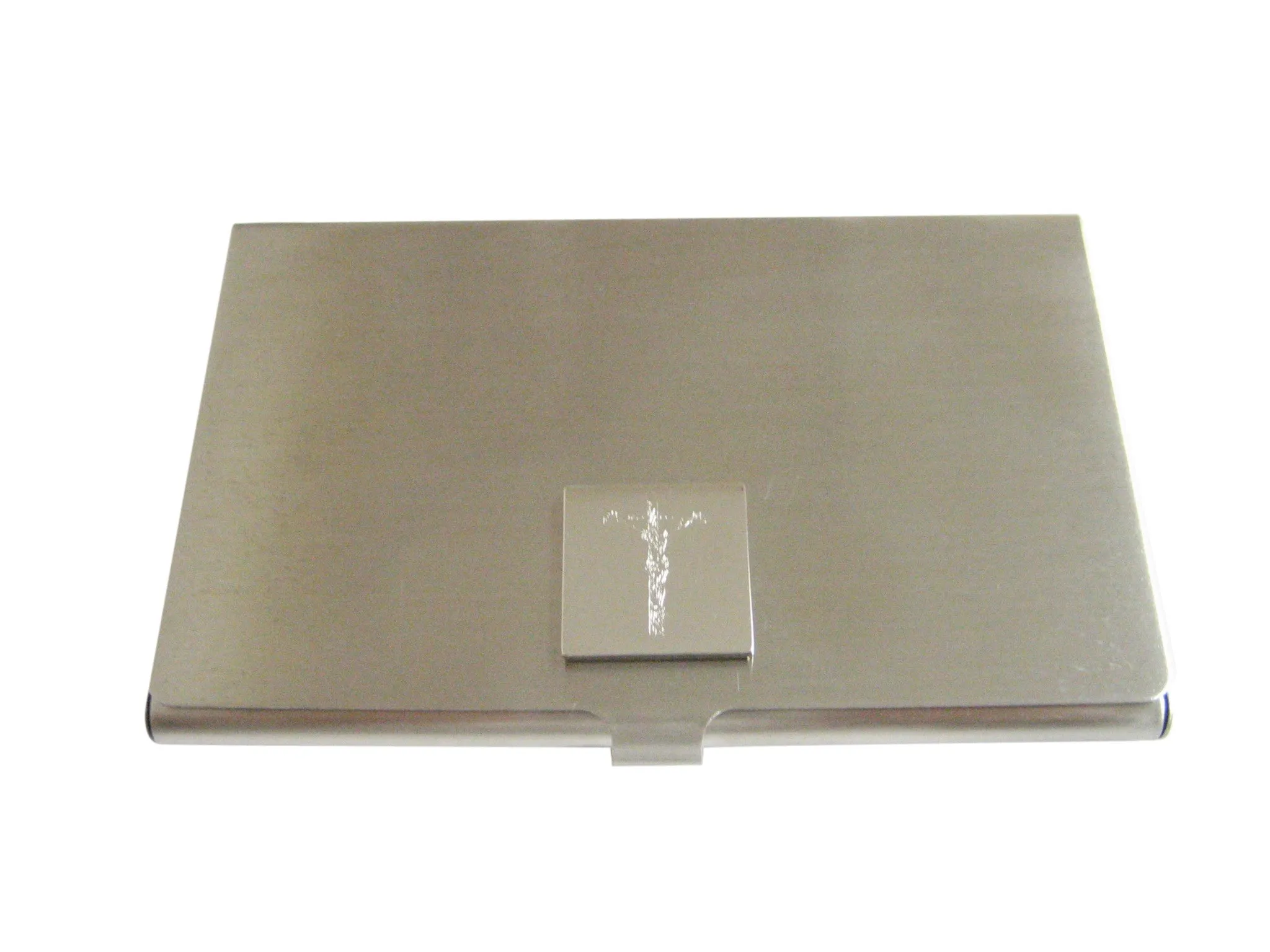 Silver Toned Etched Religious Crucifix Cross Business Card Holder