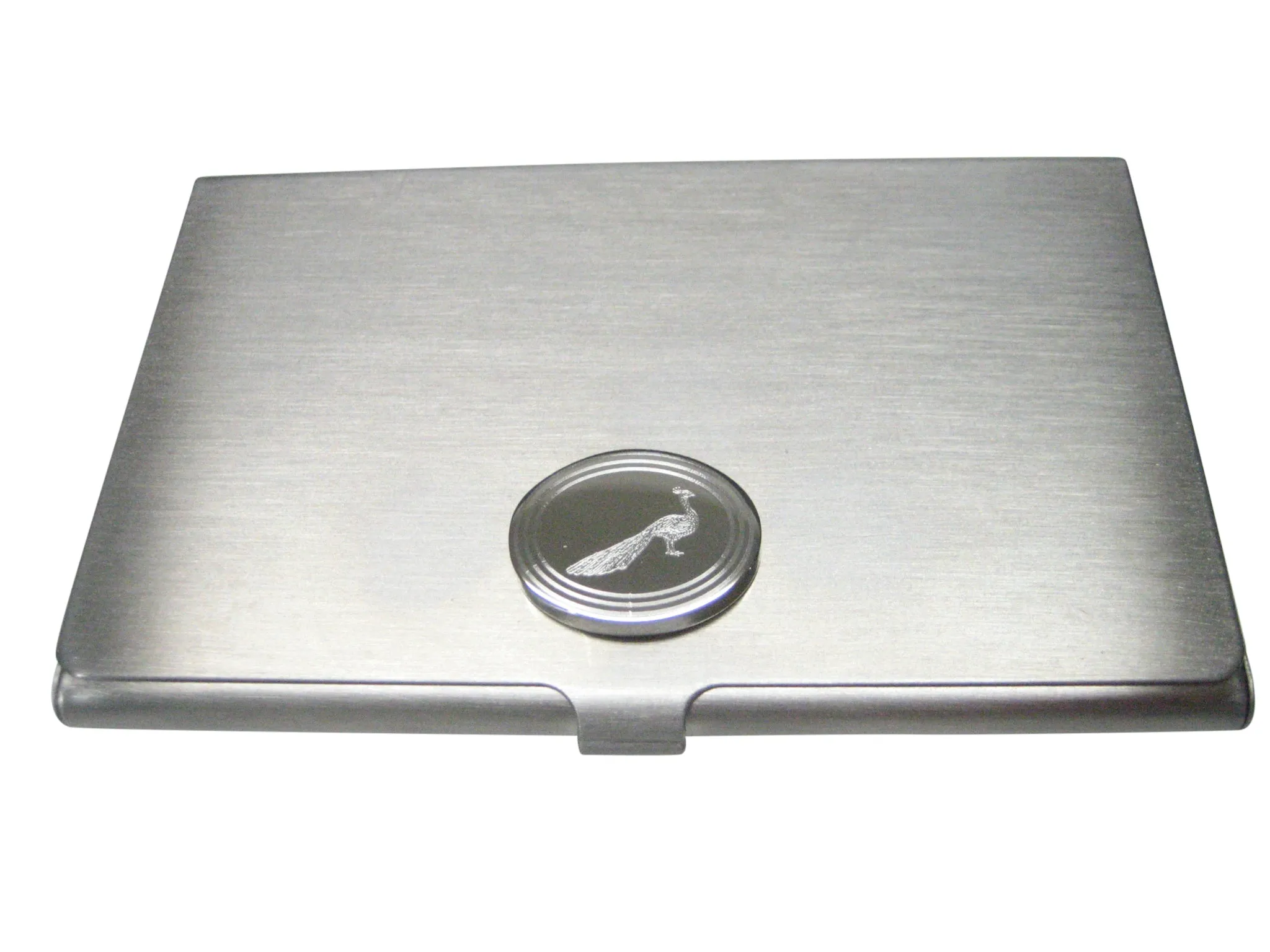 Silver Toned Oval Etched Peacock Bird Business Card Holder
