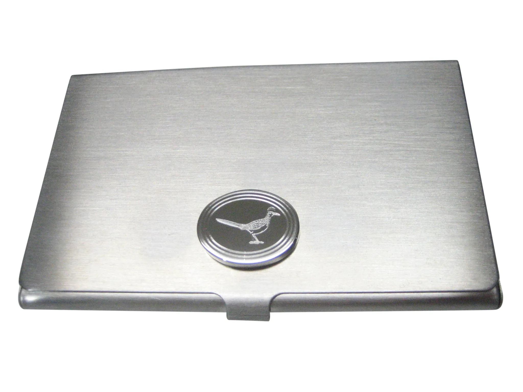 Silver Toned Oval Etched Roadrunner Bird Business Card Holder