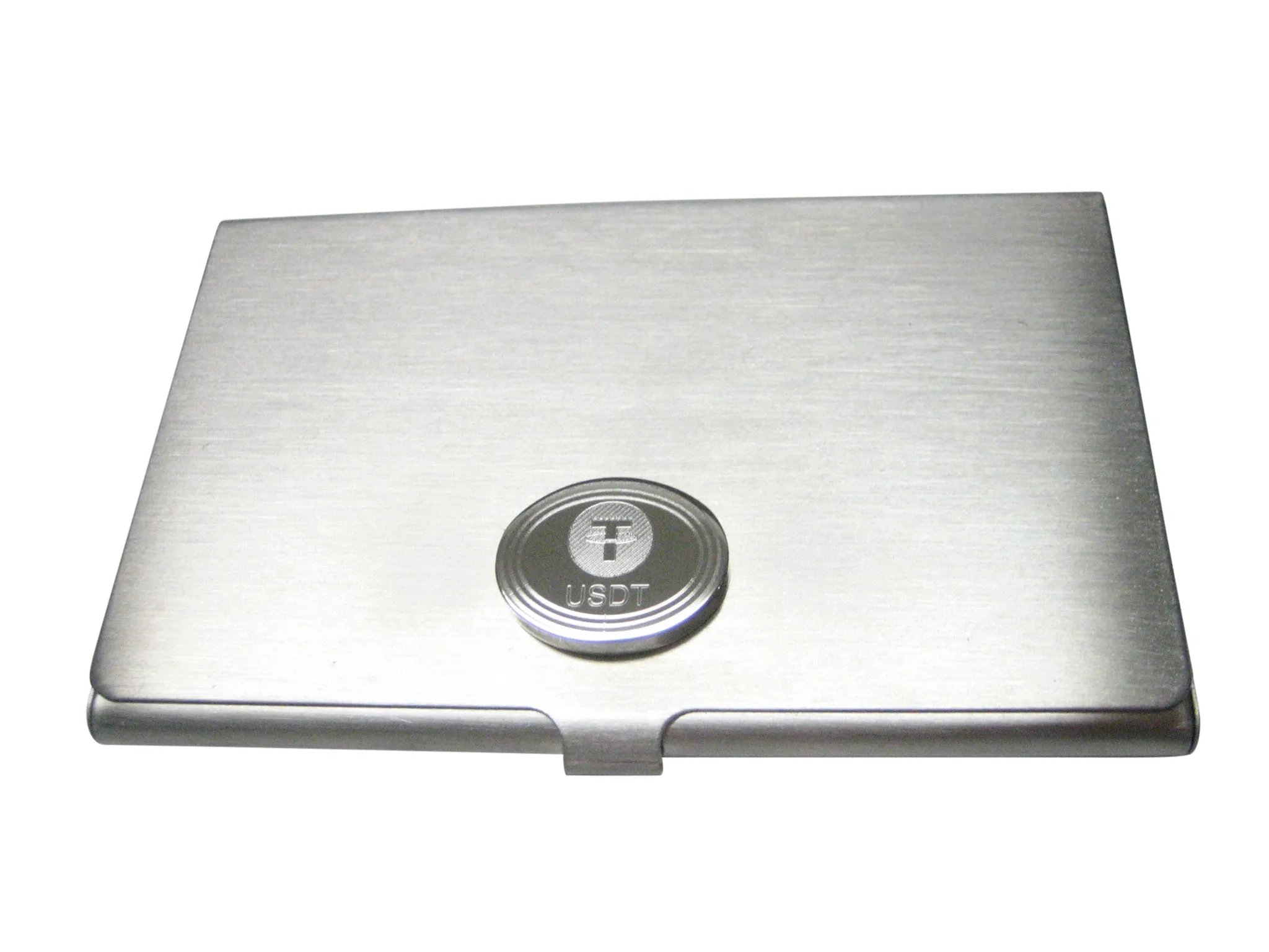 Silver Toned Oval Etched Tether Coin Cryptocurrency Blockchain Business Card Holder