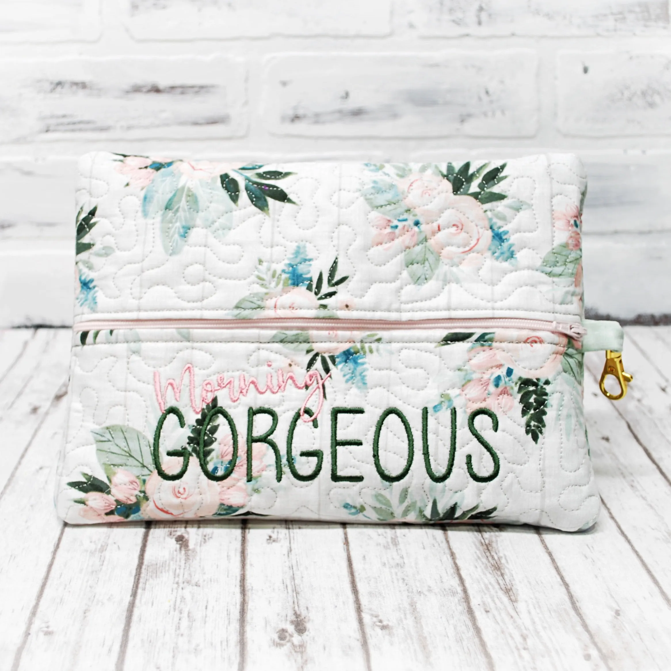 Simpler Gray Floral Personalized Quilted Pouch