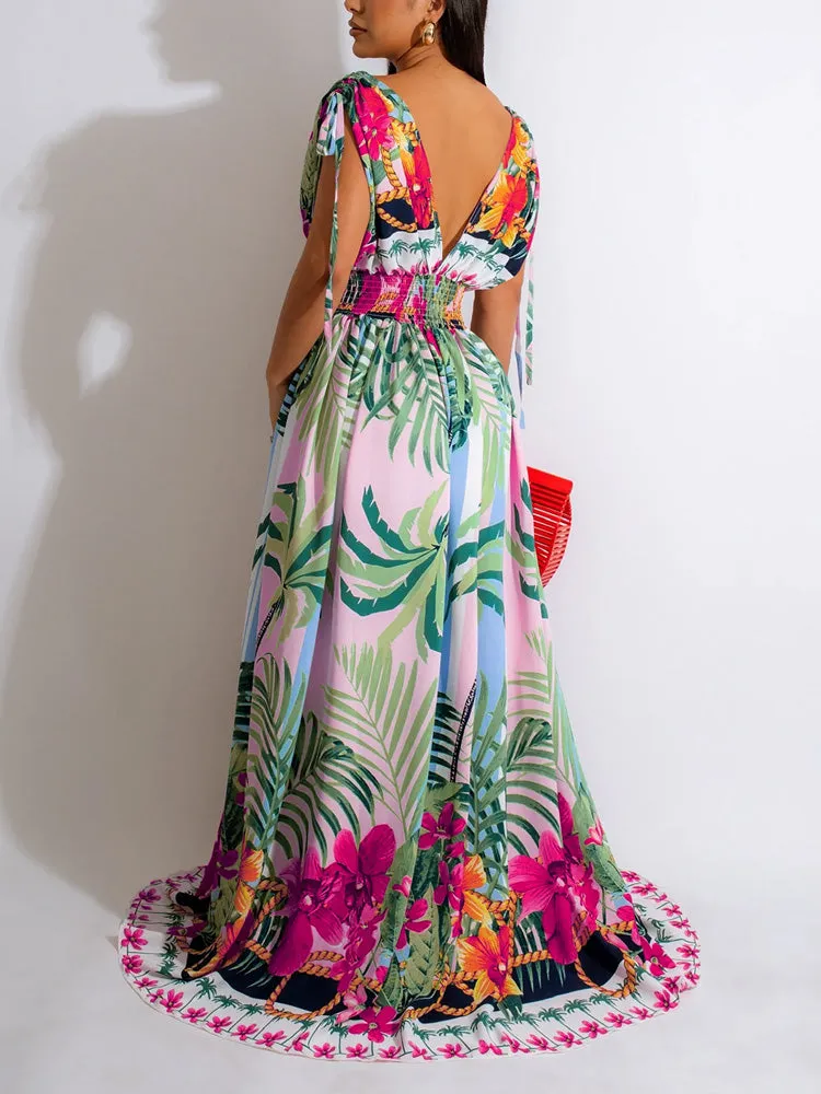 Sleeveless Elastic Waist Floral Dress
