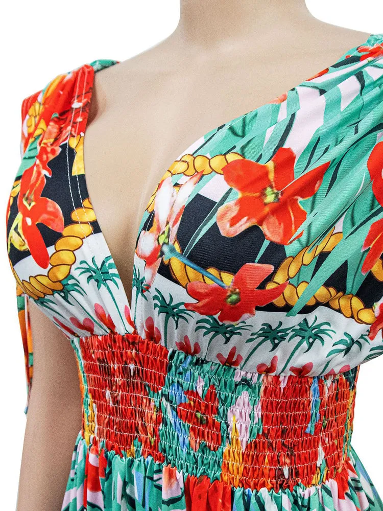 Sleeveless Elastic Waist Floral Dress