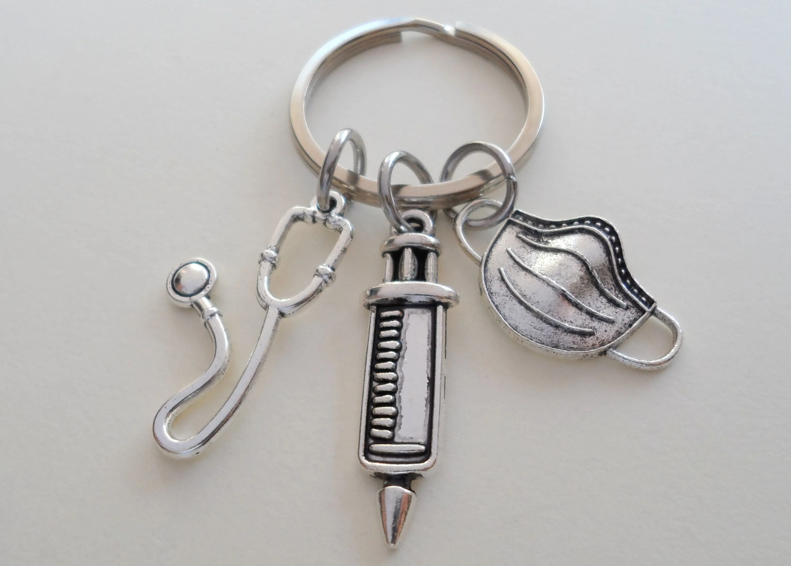 Small Stethoscope, Syringe, & Face Mask Charm Keychain, Medical Professional Charm Keychain, Nurse Appreciation Keychain