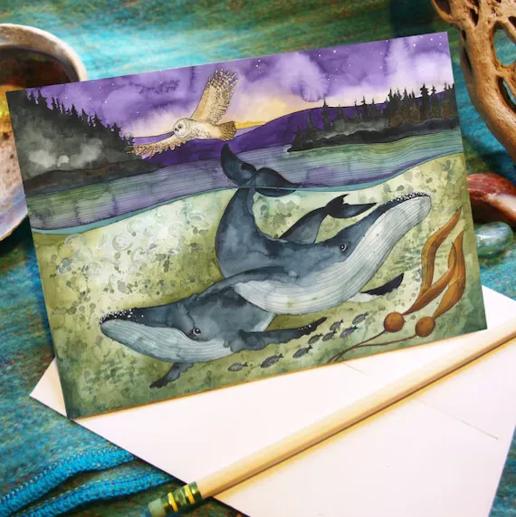 Spring Tide Creations - Humpback Whales And Owl  Artwork Card