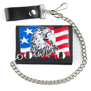 TC304CC-121  Tri-Fold Wallet w/ Chain- Eagle Head w/ Flag