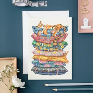 Tiger Asleep On a Pile of Cushions Card