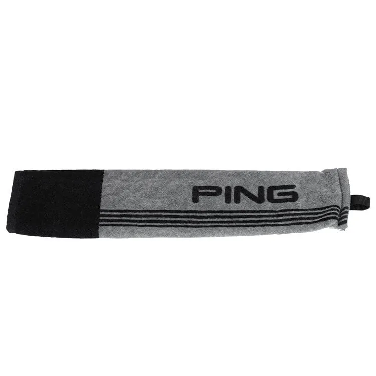 Toalla de golf Ping Tri-Fold gris y negro