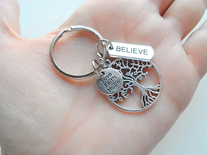 Tree Keychain with Believe Tag Charm & Small Love Faith Hope Disc Charm, Religious Keychain