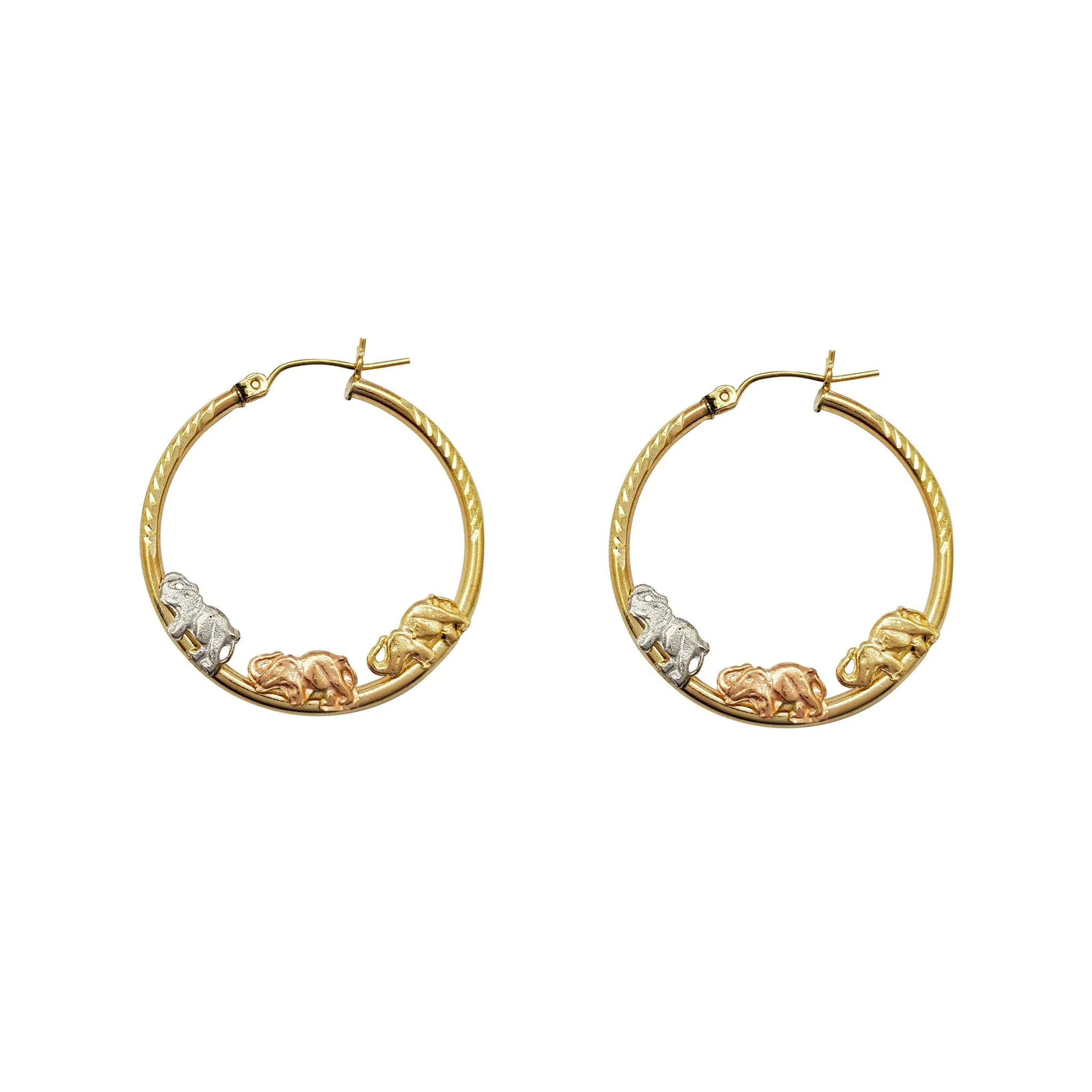 Tri-Color Elephant Diamond-Cut Hoop Earrings (14K)