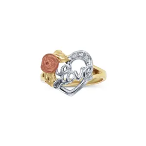 Tri-Color Rose & Love Heart Shape Ring (14K)