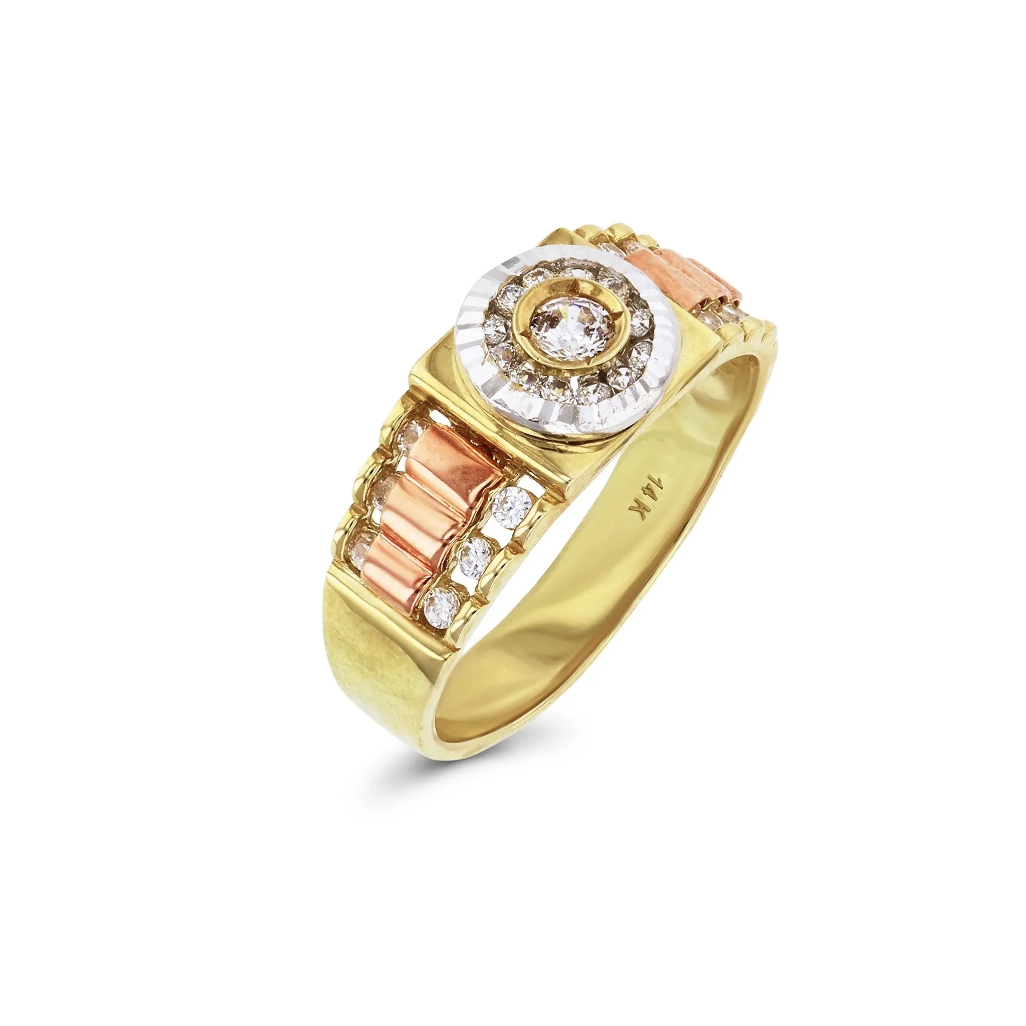 Tricolor Presidential White Fluted Bezel Men's Ring (14K)