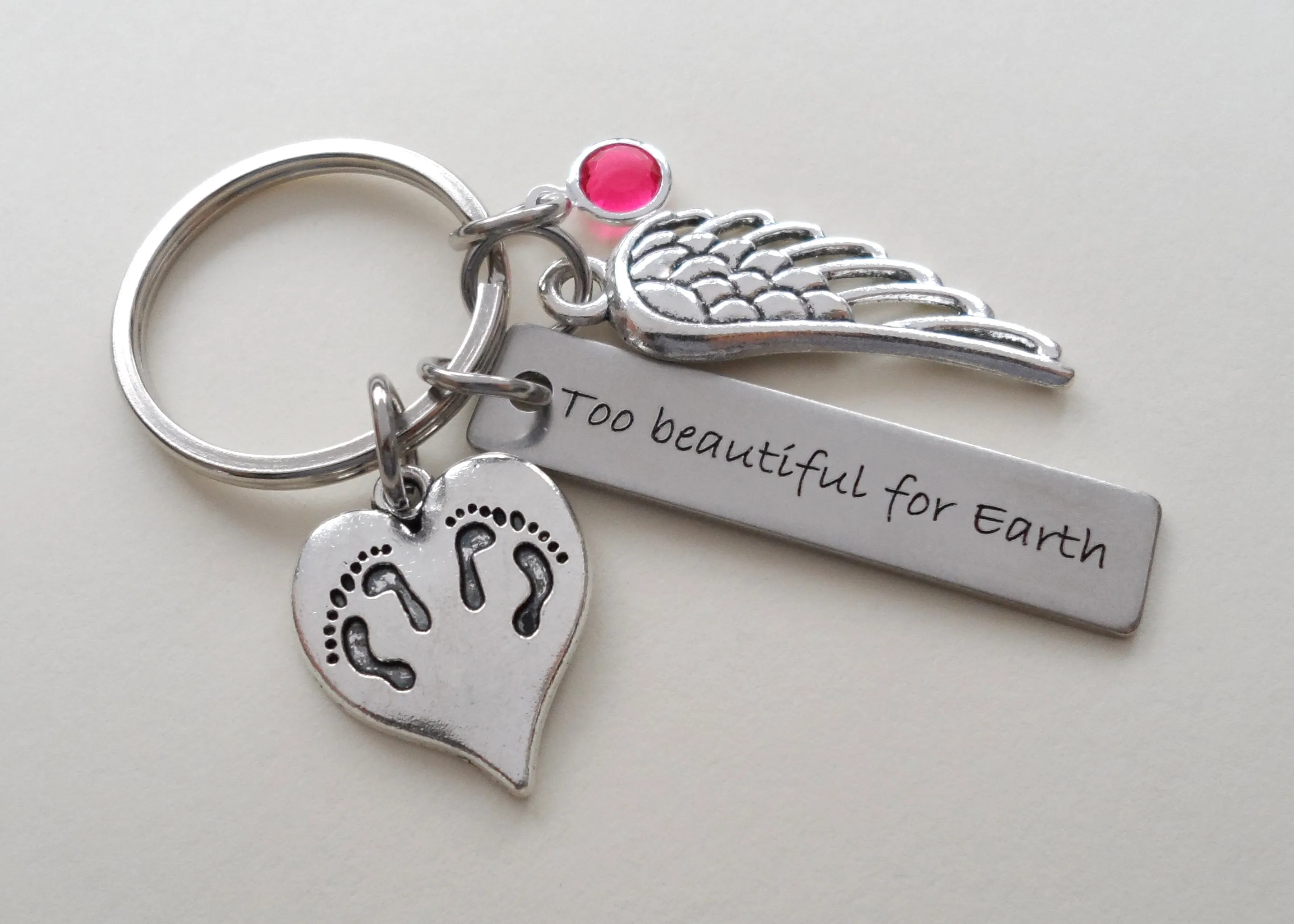 Twin Babies Memorial Keychain, Twins Feet Heart Charm & Wing Charm by JewelryEveryday