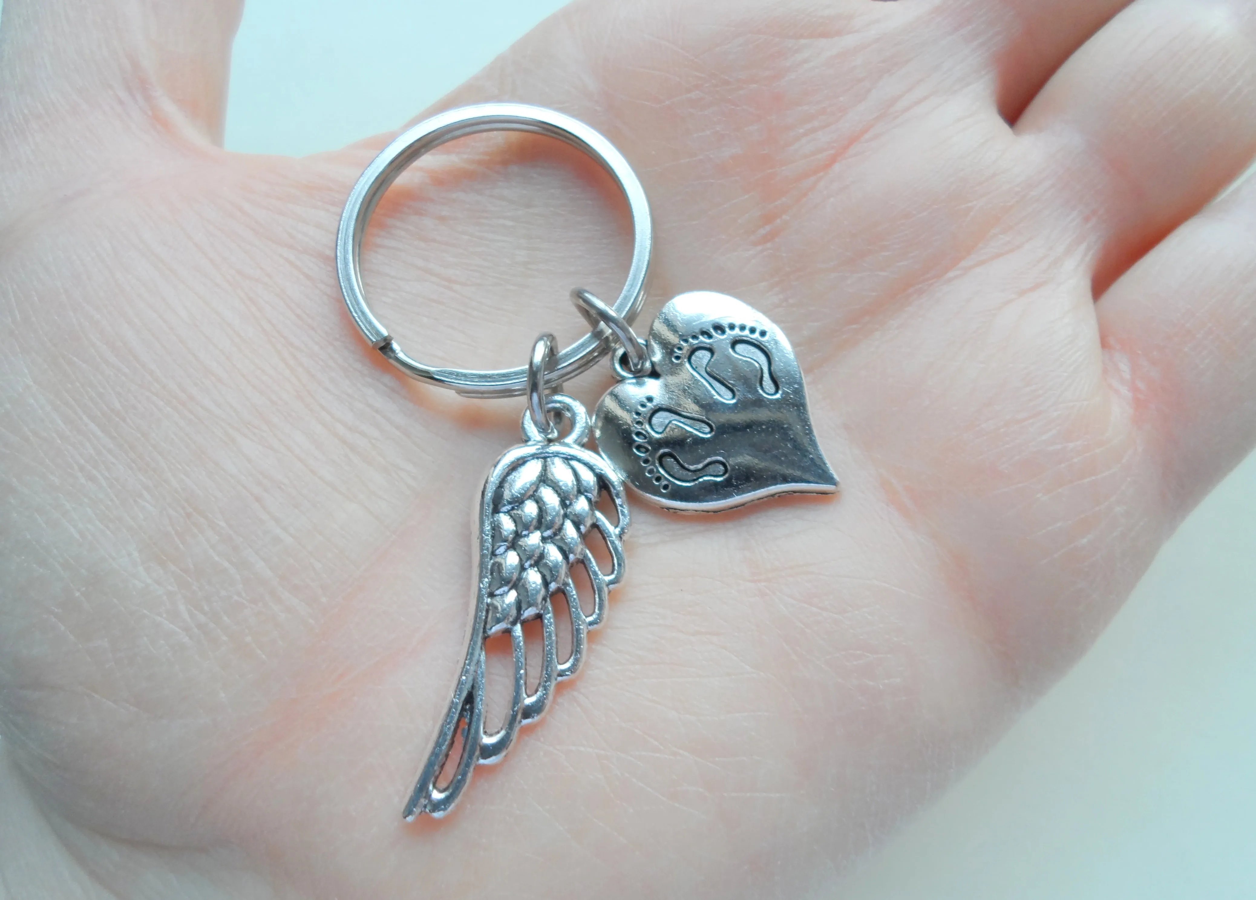 Twin Babies Memorial Keychain, Twins Feet Heart Charm & Wing Charm by JewelryEveryday