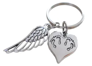 Twin Babies Memorial Keychain, Twins Feet Heart Charm & Wing Charm by JewelryEveryday