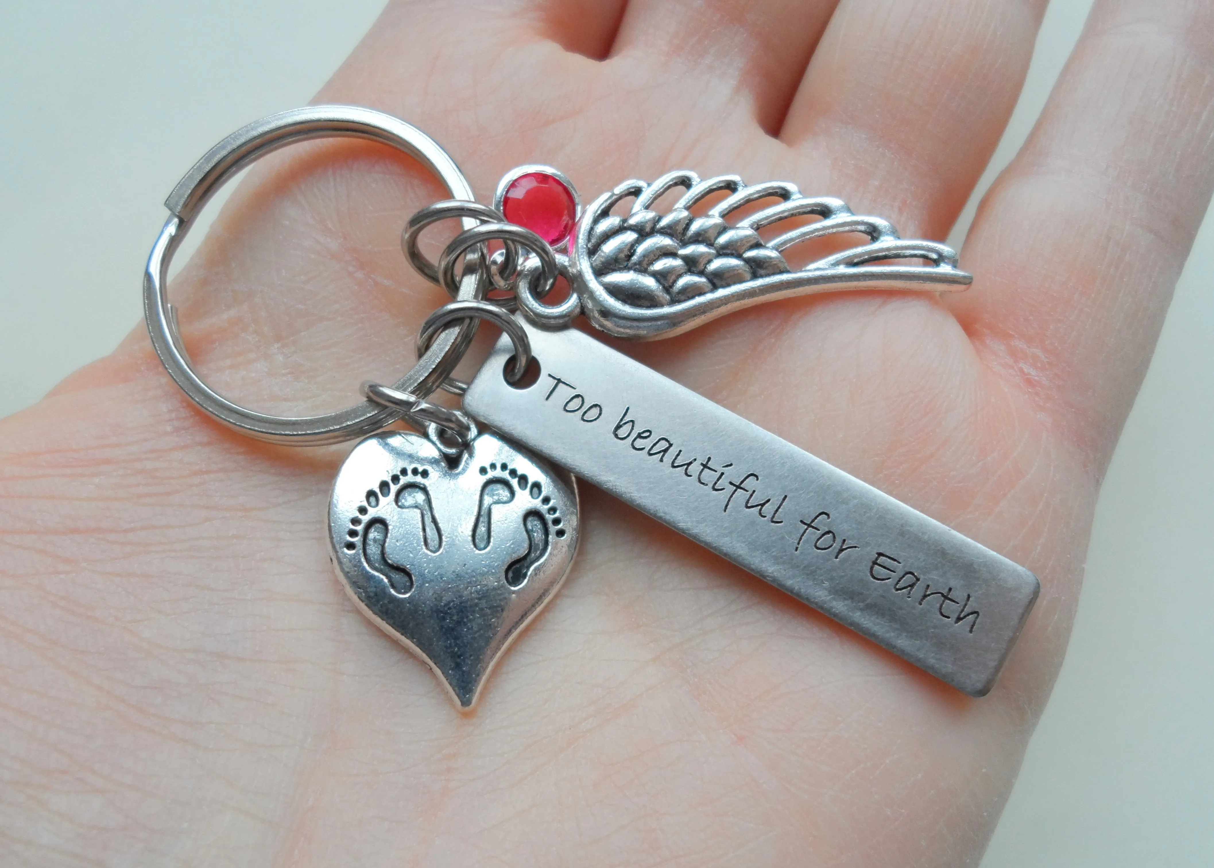 Twin Babies Memorial Keychain, Twins Feet Heart Charm & Wing Charm by JewelryEveryday
