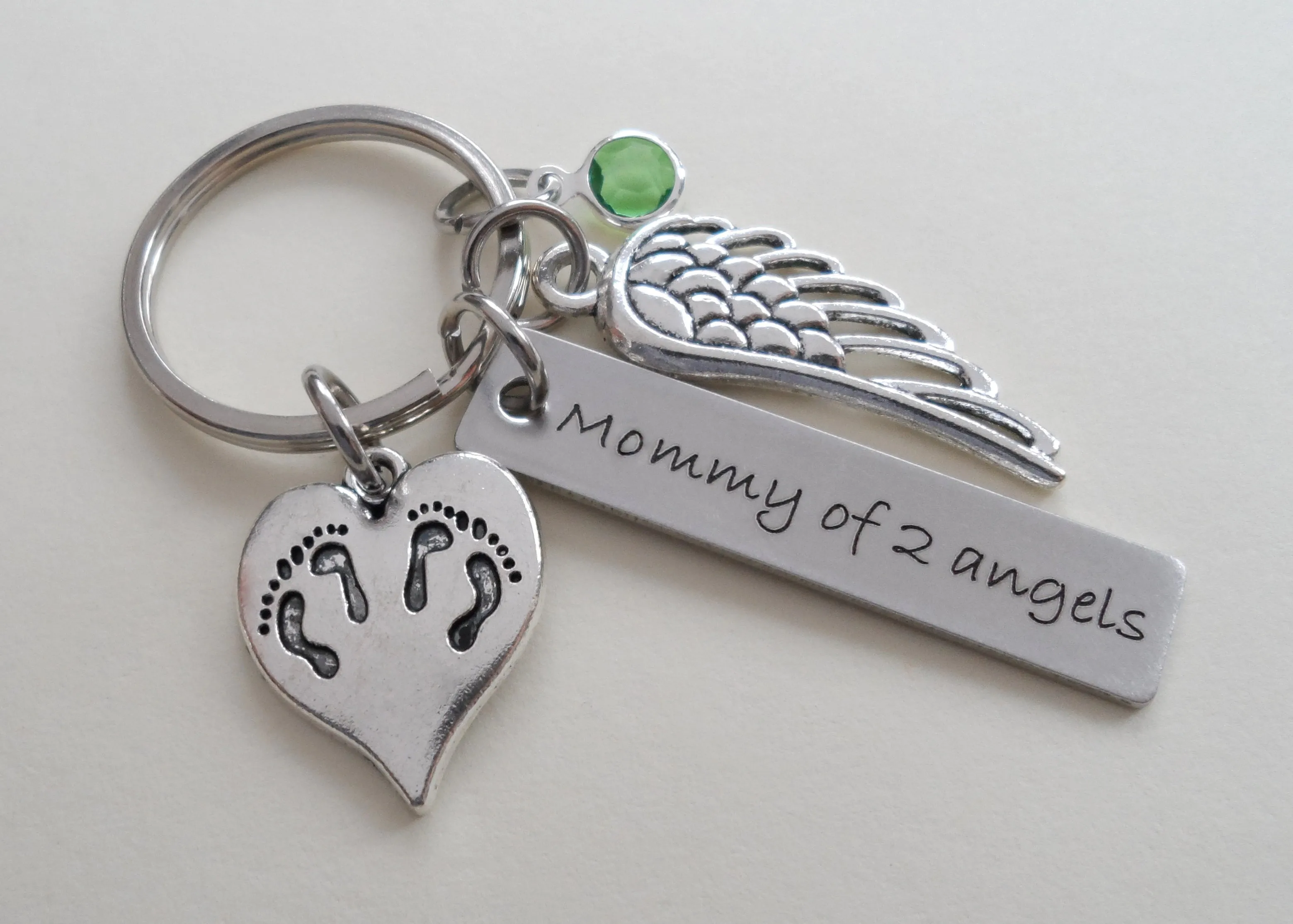 Twin Babies Memorial Keychain, Twins Feet Heart Charm & Wing Charm by JewelryEveryday