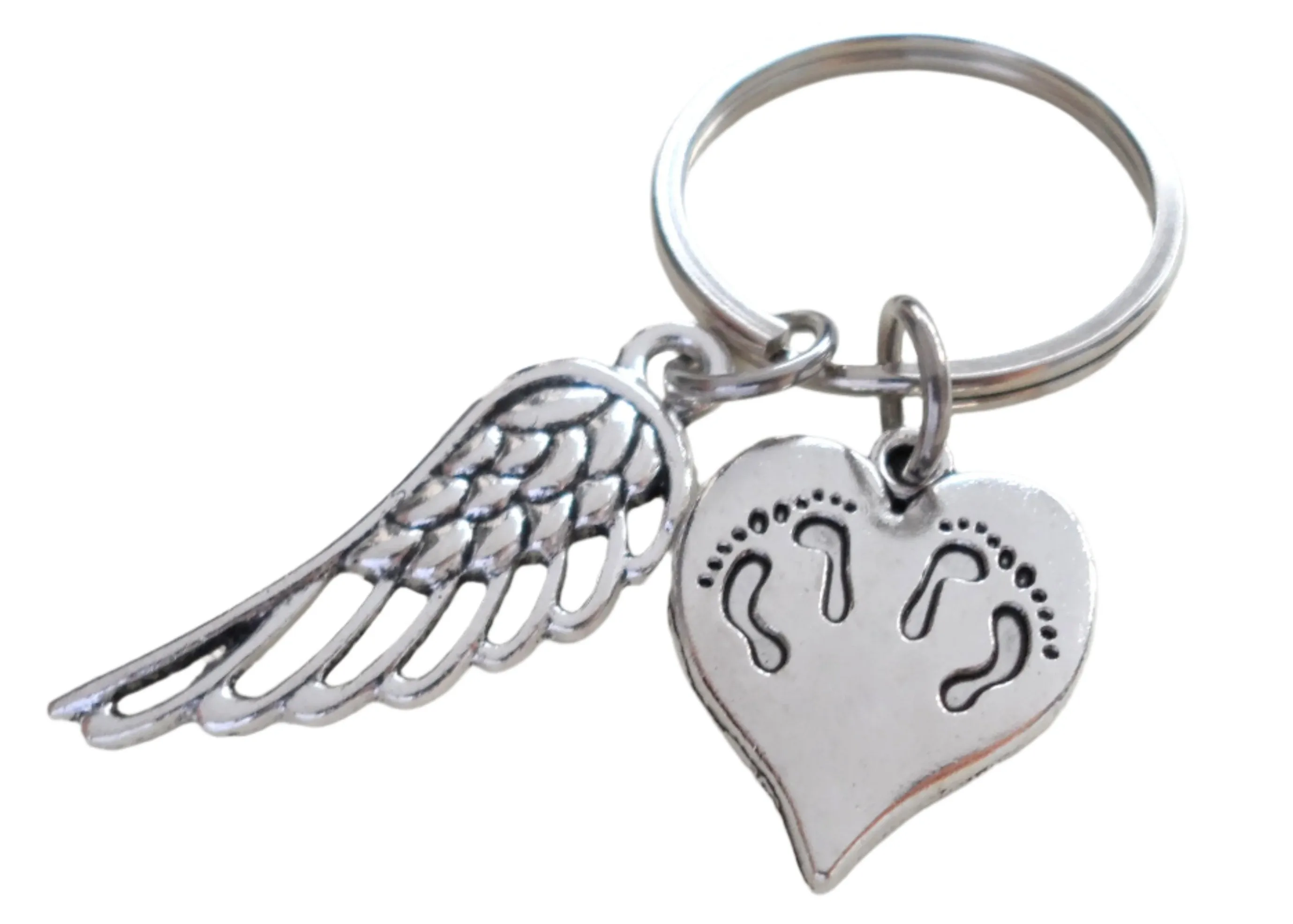 Twin Babies Memorial Keychain, Twins Feet Heart Charm & Wing Charm by JewelryEveryday