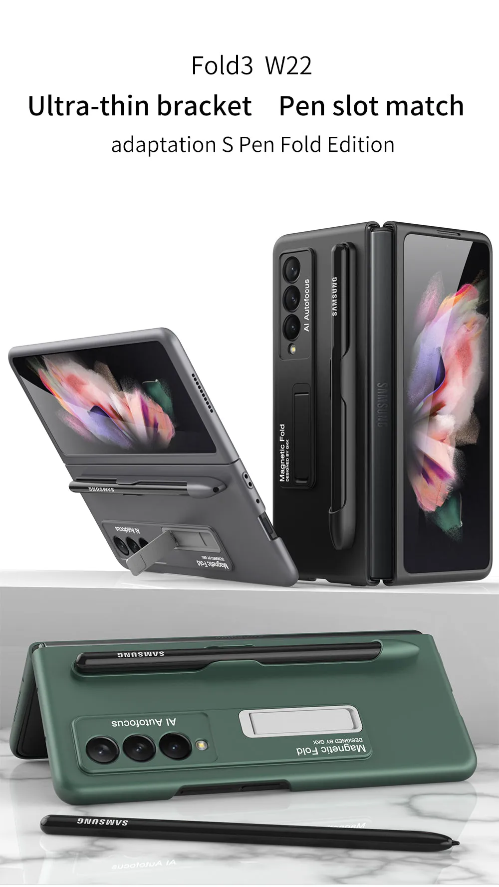 Ultra-thin Stand Holder Case For Samsung Galaxy Z Fold 3 5G With Pen Slot Shockproof Hard Cover For Samsung Z Fold 3 Case