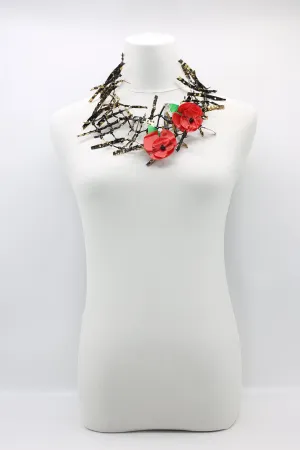 Upcycled plastic bottles - Ladder Necklace with Two Poppies brooch-Red