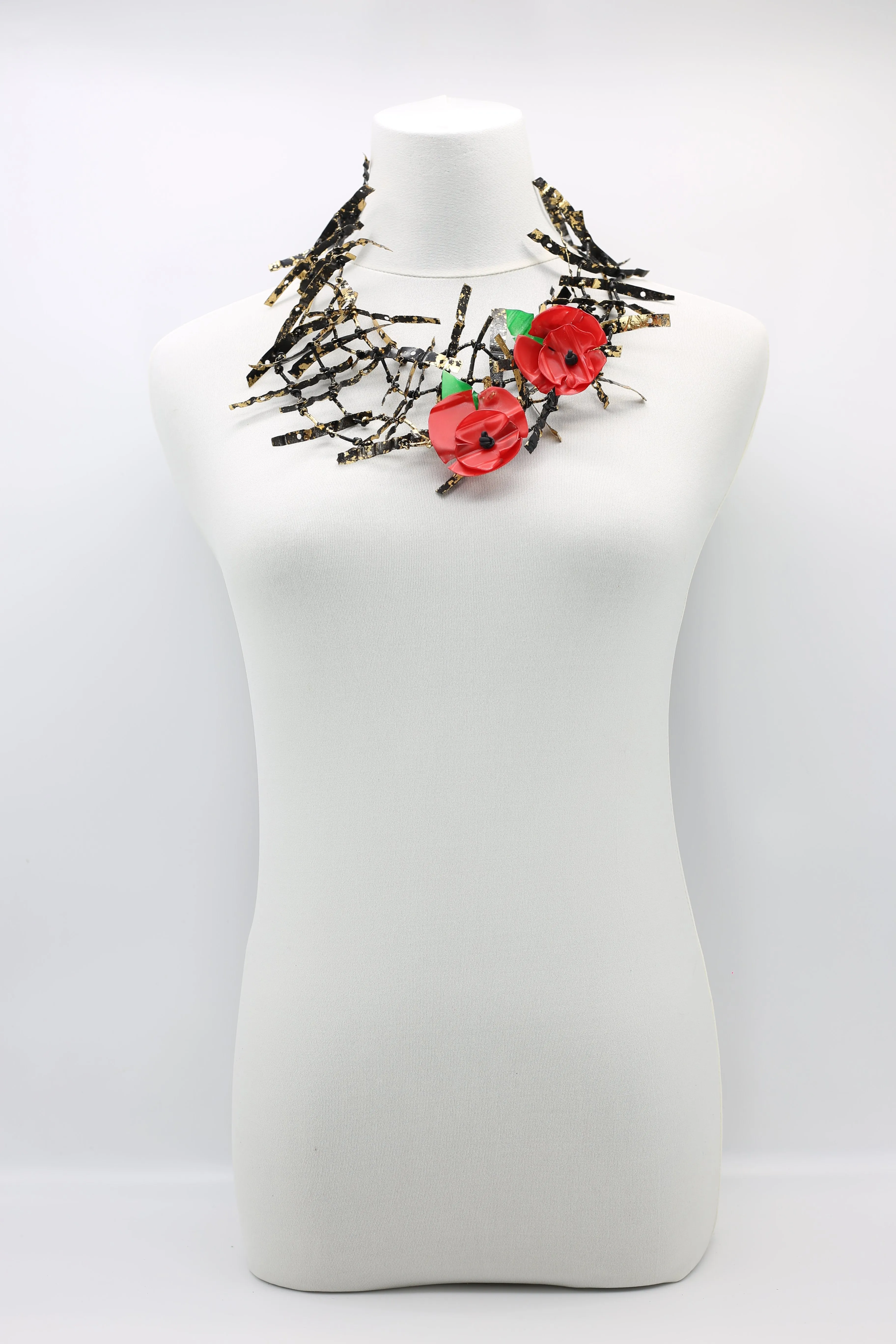 Upcycled plastic bottles - Ladder Necklace with Two Poppies brooch-Red