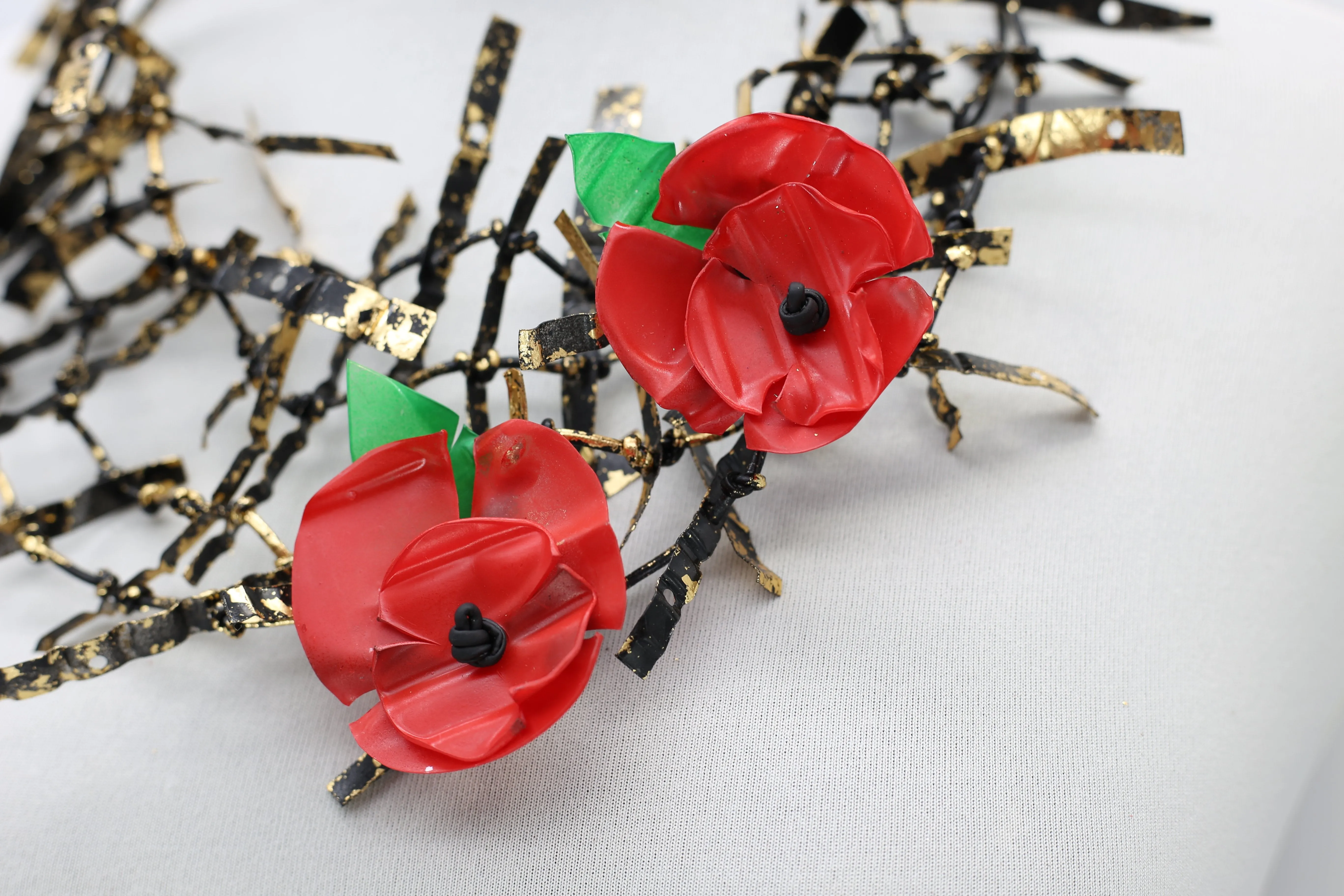 Upcycled plastic bottles - Ladder Necklace with Two Poppies brooch-Red