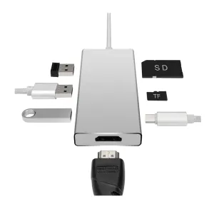 USB C Hub 7-in-1 USB C Adapter Type C Power Delivery HDMI Output SD & TF Card Reader 3 USB 3.0 Ports Silver