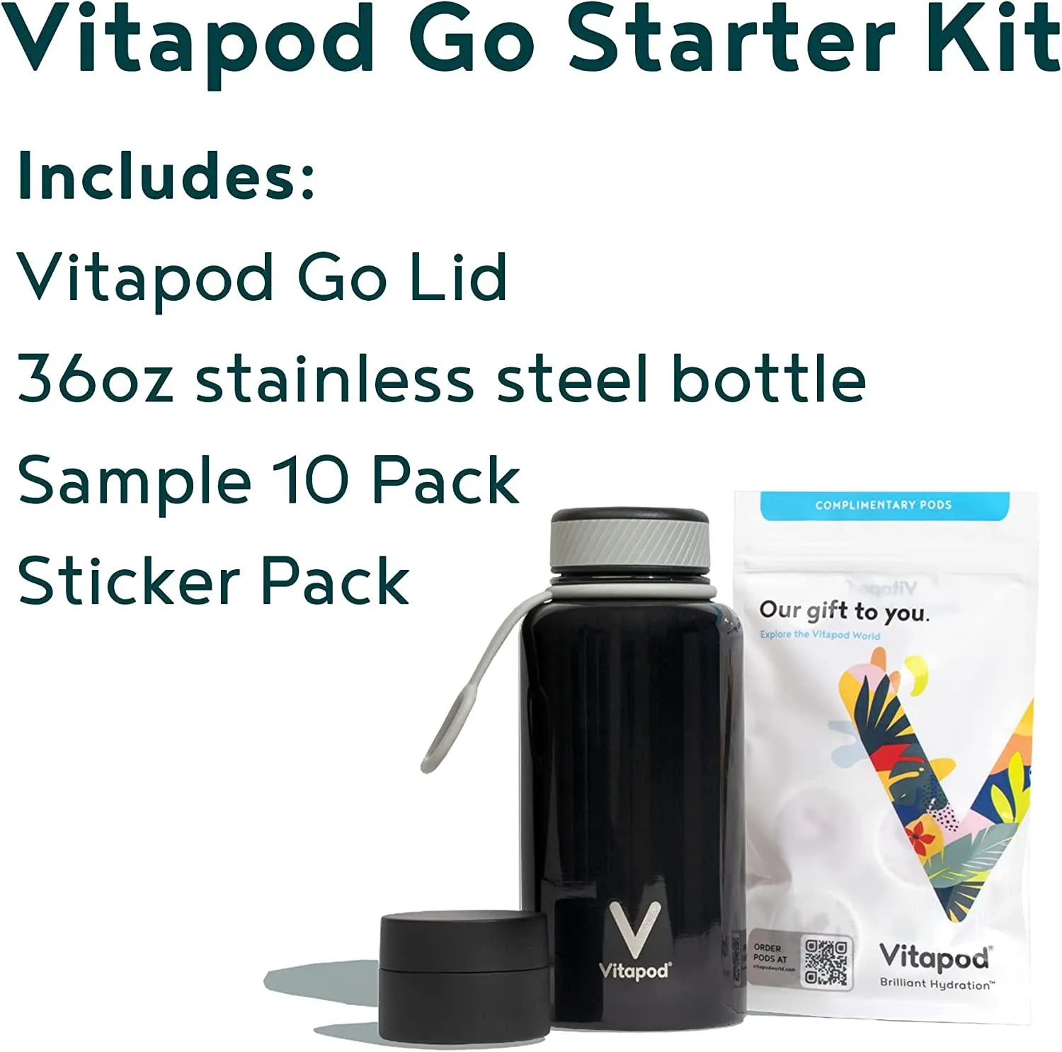 Vitapod Go Intro Kit | 36oz Pro Steel Insulated Black Bottle | Go Top | Variety of Healthy Vitamin, Electrolyte and Antioxidant Infused Pods (10 Count) | Hydration, Beauty, Energy, Immunity and Sports