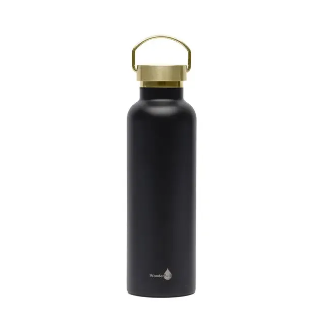 WanderFull Insulated Water Bottle - Black with Gold Top- 24 oz.