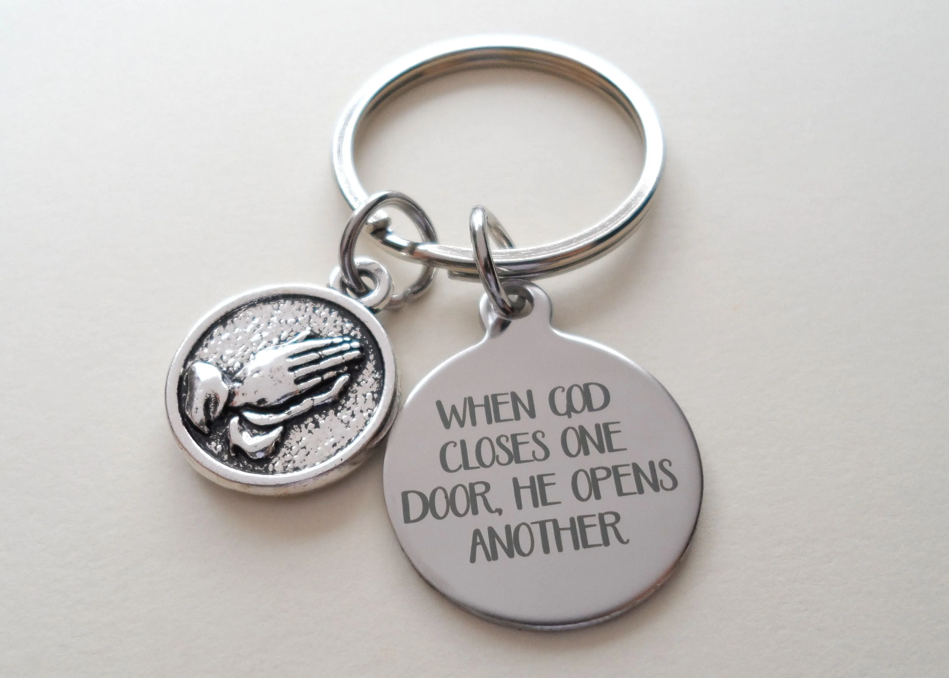 When God Closes One Door He Opens Another Keychain with Praying Hands Charm, Religious Keychain