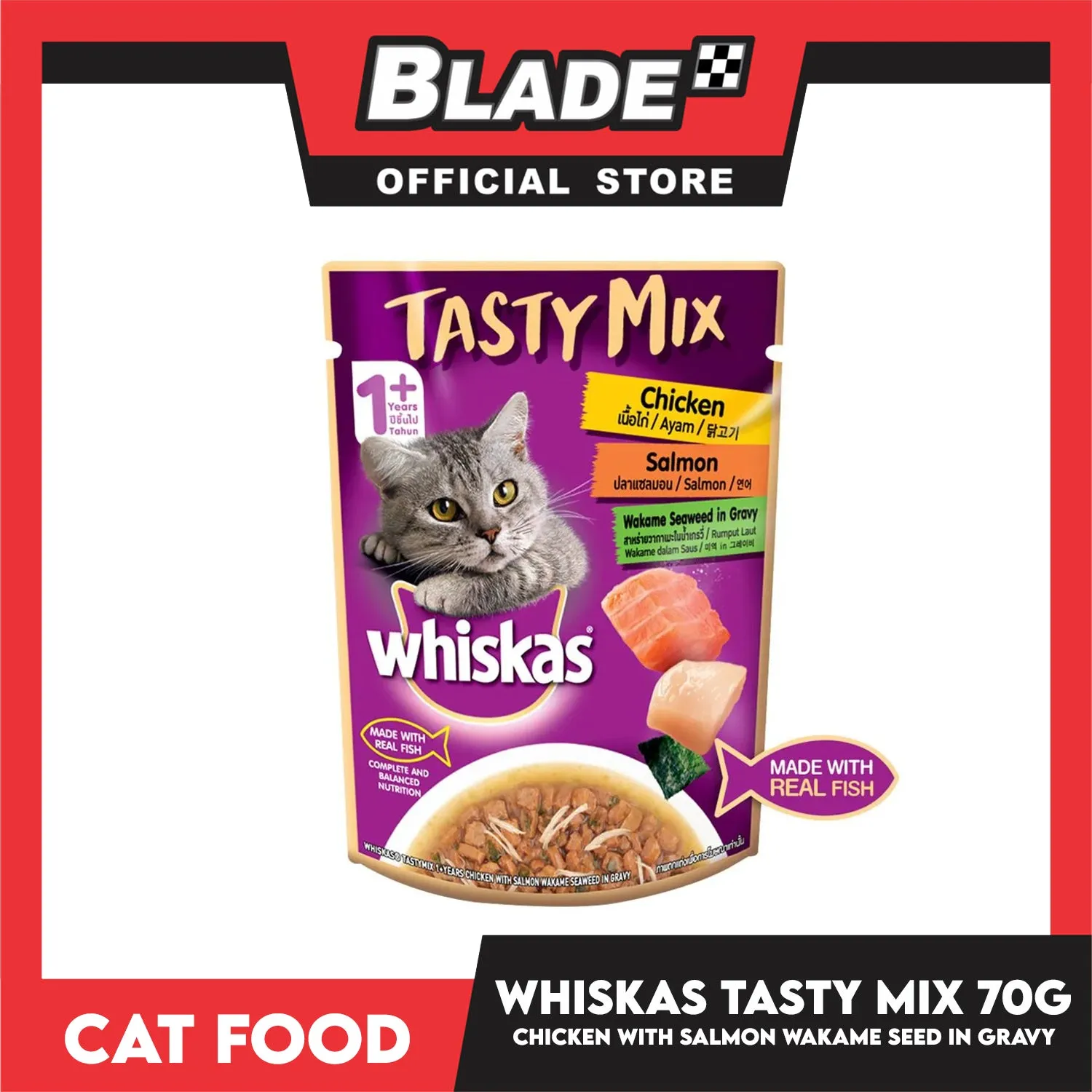 Whiskas Tasty Mix For Adult 1  Year Cat Food 70g (Chicken Salmon Wakame Seaweed In Gravy) Cat Wet Food, Cat Pouch Food