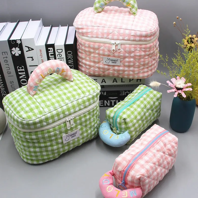 Women's Fresh Style Plaid Embroidered Cotton Cosmetics Bags