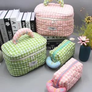 Women's Fresh Style Plaid Embroidered Cotton Cosmetics Bags