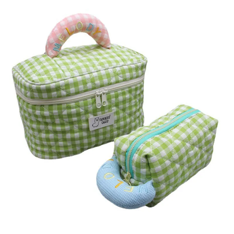 Women's Fresh Style Plaid Embroidered Cotton Cosmetics Bags