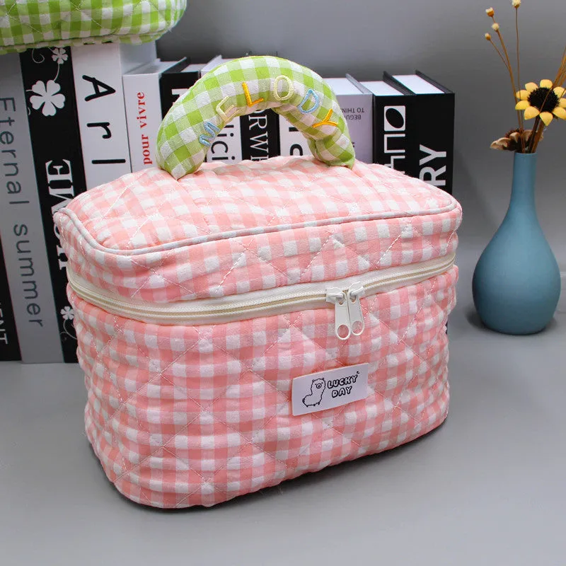 Women's Fresh Style Plaid Embroidered Cotton Cosmetics Bags