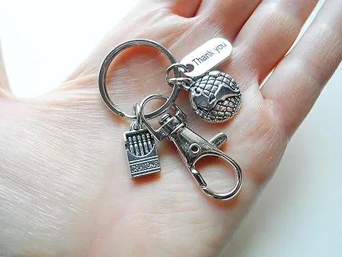 World Globe Charm Keychain with Crayons Charm, Thank You Charm, and Swivel Clasp; School or Preschool Teacher & Volunteer Appreciation Keychain