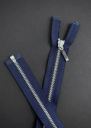 YKK, Open Ended Zip Drop Pull. Nickel. Navy